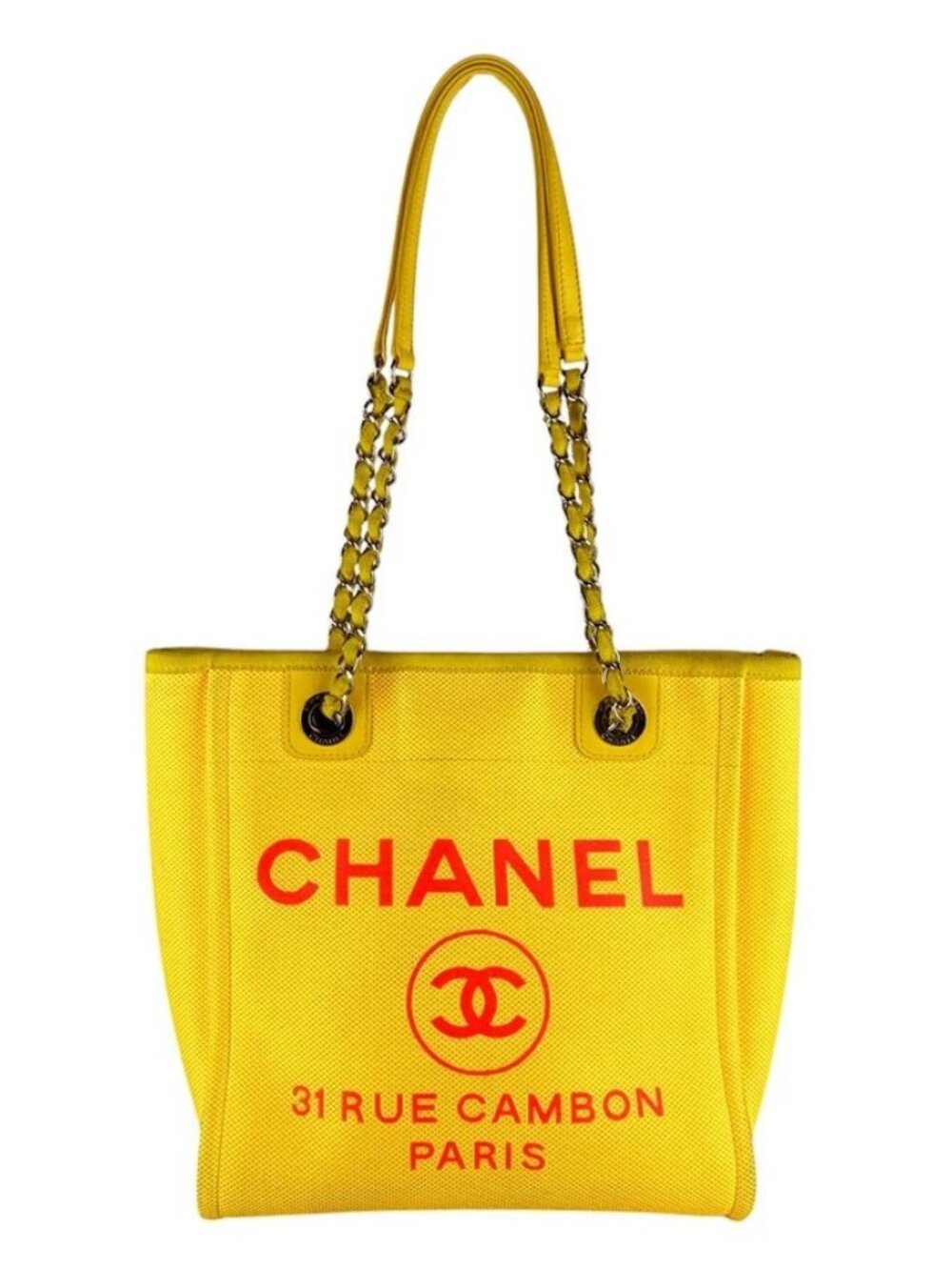 CHANEL Deauville PM Handbag Yellow/Pink/Silver Canvas/Metal